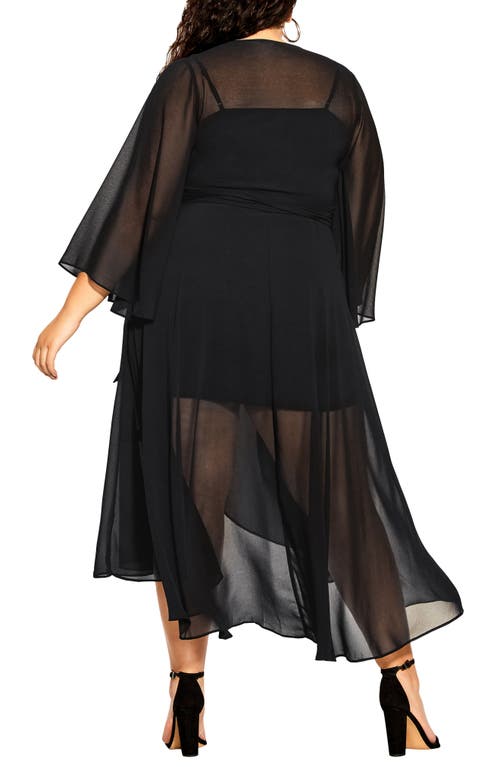 City Chic Long Sleeve Sheer Chiffon Maxi Wrap Dress In Black