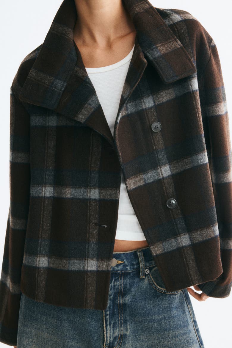 Felted Funnel-Collar Jacket, Alternate, color, Brown/plaid