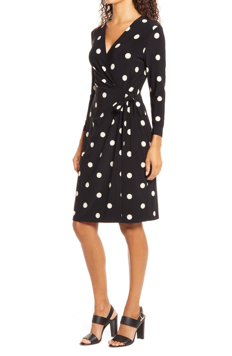 Anne Klein Polka Dot Bracelet Sleeve Wrap Dress, Alternate, color, Anne Black/ Anne White