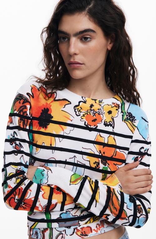 Desigual Stripe Floral Sweater In White Multi