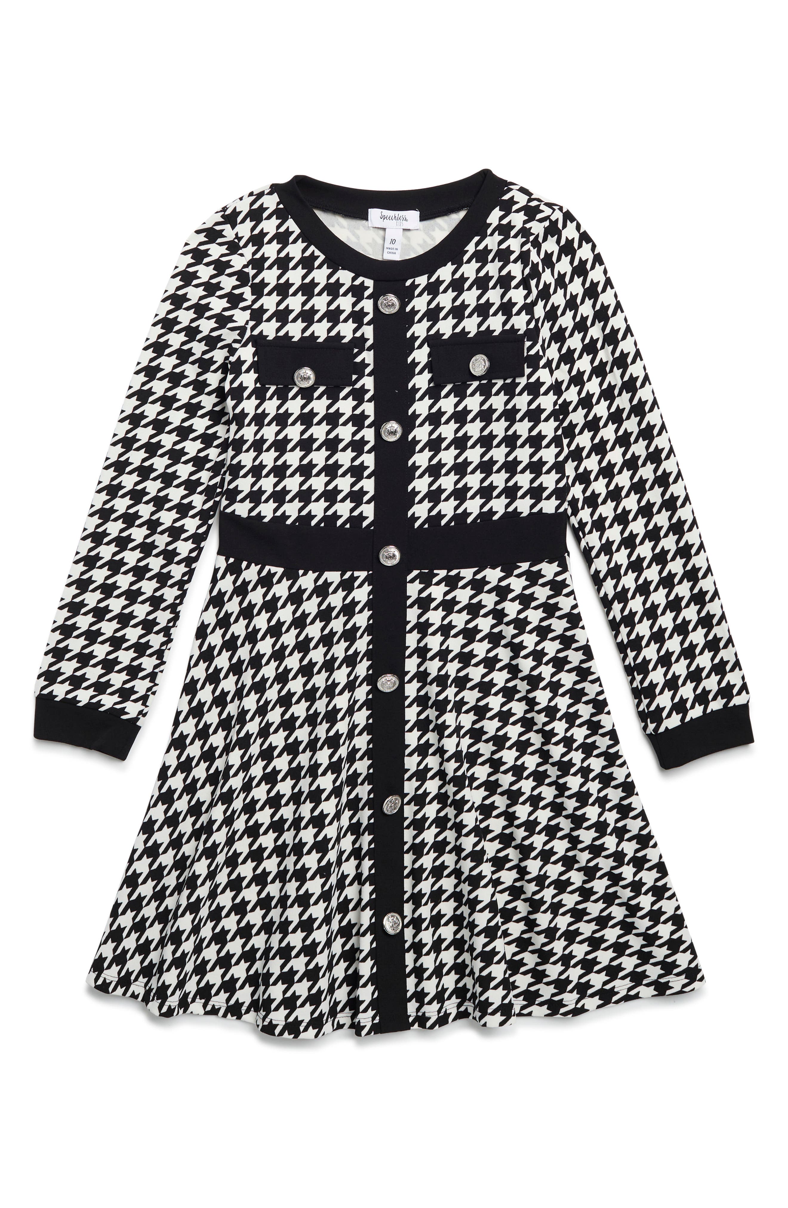 Kids' Houndstooth Long Sleeve Dress