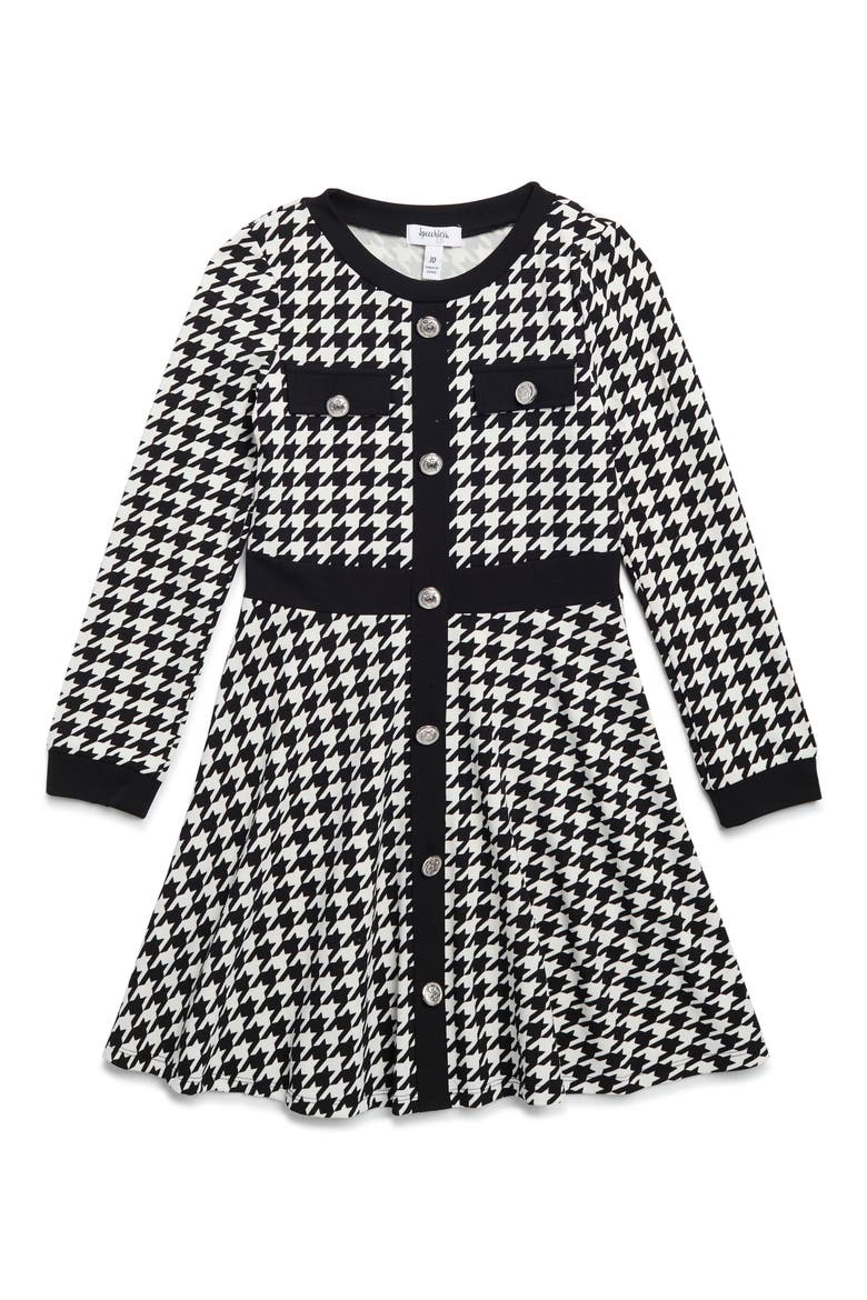 Kids' Houndstooth Long Sleeve Dress, Main, color, BLACK/IVORY JM