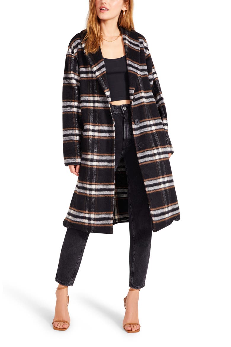 Shawl Good Plaid Longline Coat, Main, color, BLACK