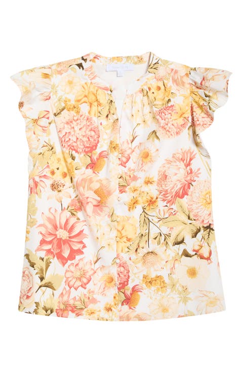 Zury Floral Everly Split Neck Stretch Cotton Top
