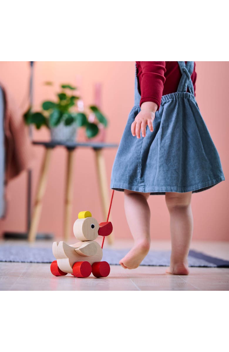 HABA Classic Duck Pull Toy - Montessori Toys for 1 Year Old, Developmental Learning and Baby Walking Toy, Made in Germany, Alternate, color, Red Multi