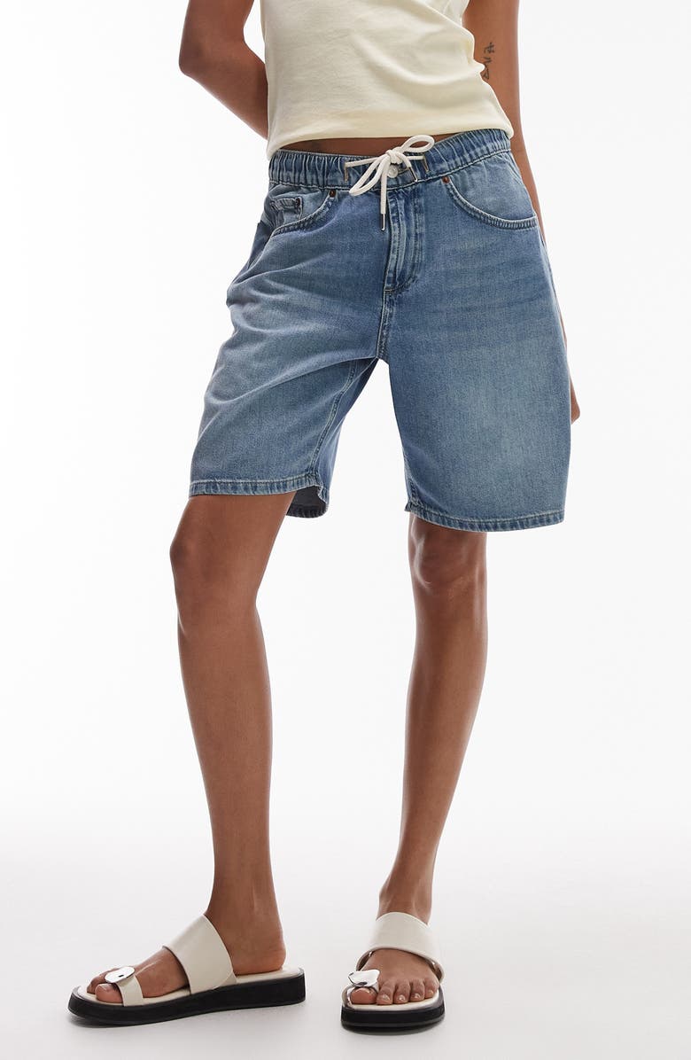 Topshop Drawstring Denim Shorts, Main, color, Medium Blue