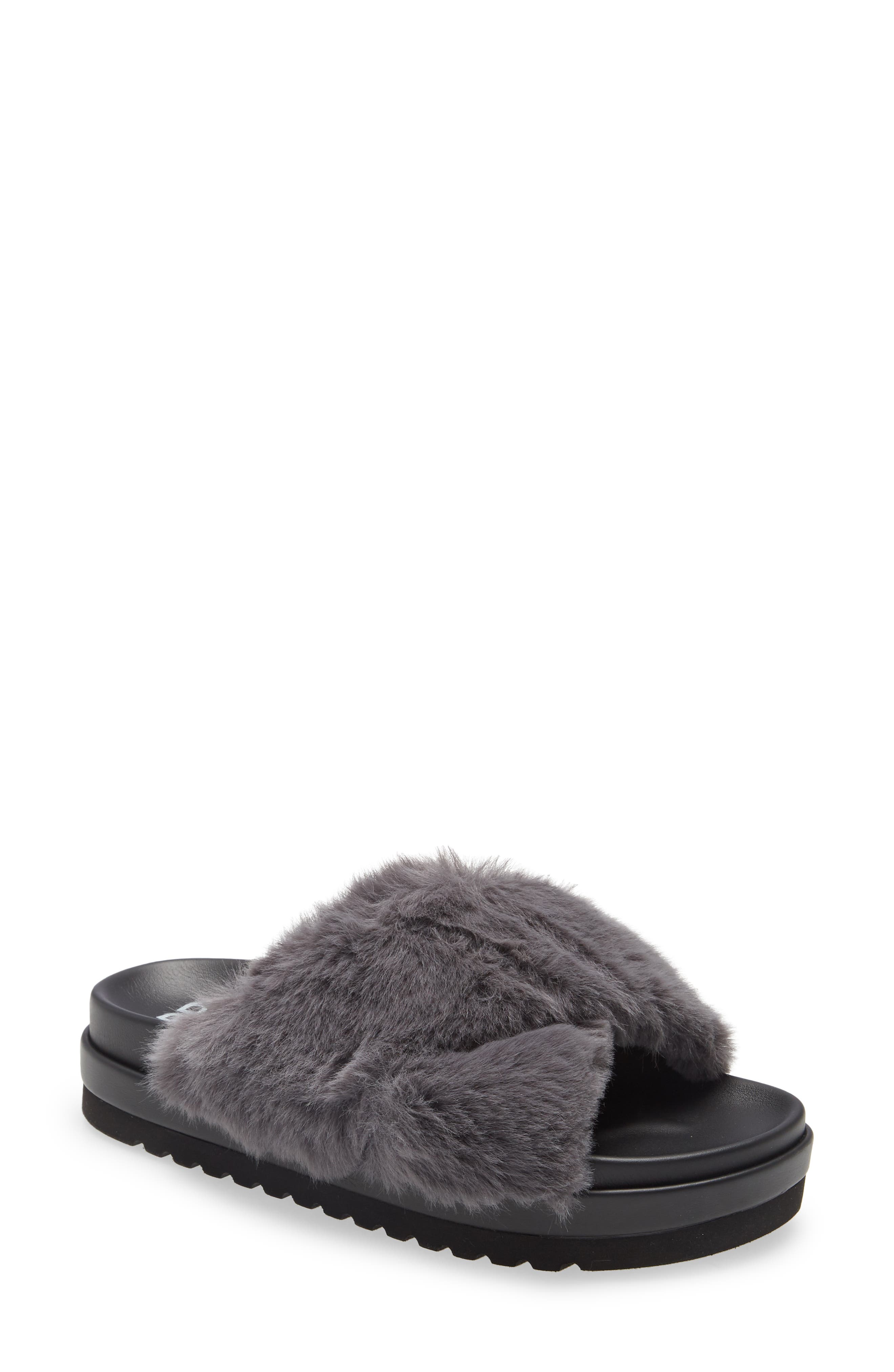 Zoe Cross Band Faux Fur Slide Sandal, Main, color, GREY