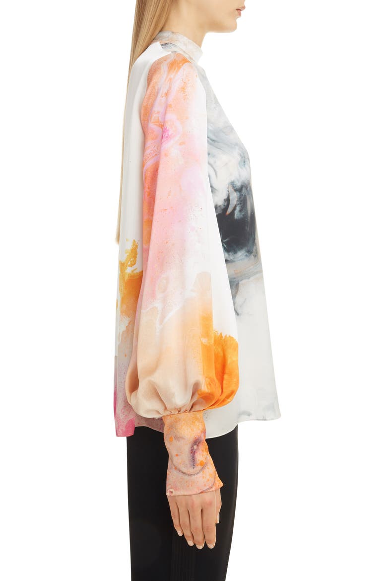 Print Bishop Sleeve Silk Blouse, Alternate, color, ORANGE EXPLOSION PRINT