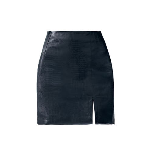 Ats Tess Croc Embossed Leather Mini Slit Skirt In Black