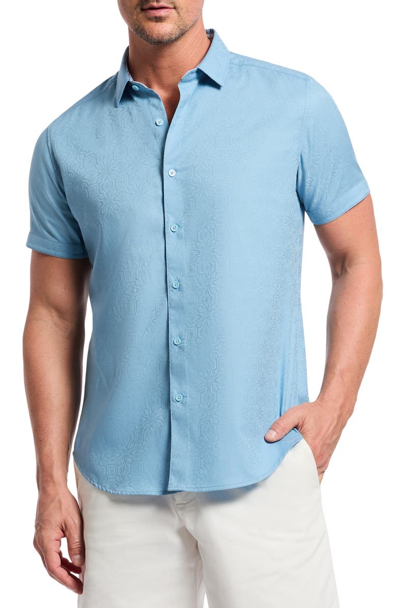 Robert Graham Odyssey Short Sleeve Woven Button-Up Shirt, Main, color, Glacier