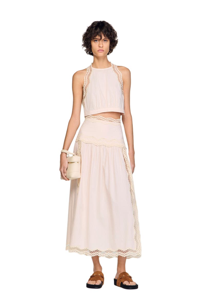 SANDRO Long cotton skirt with trim, Alternate, color, Light Pink