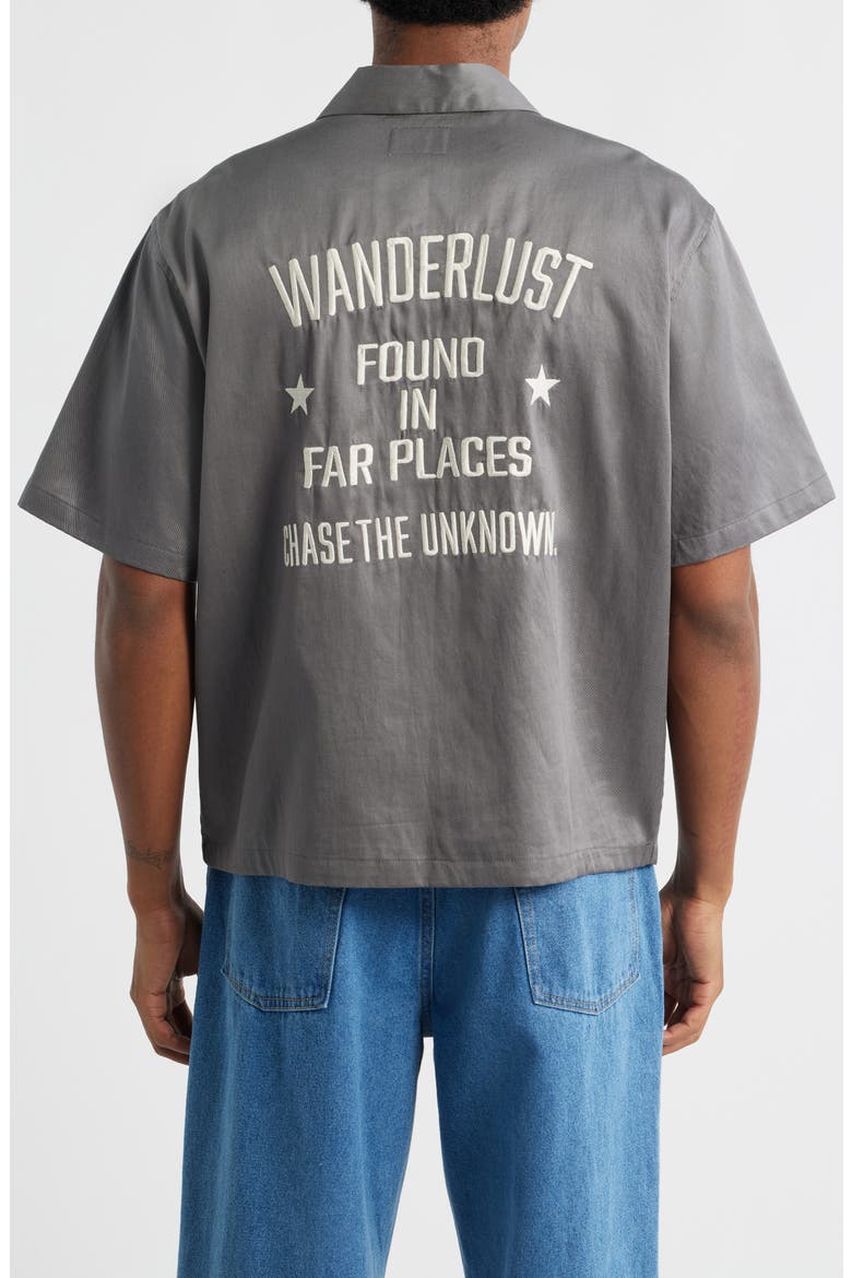 Wanderlust Embroidered Graphic Camp Shirt, Alternate, color, BLACK