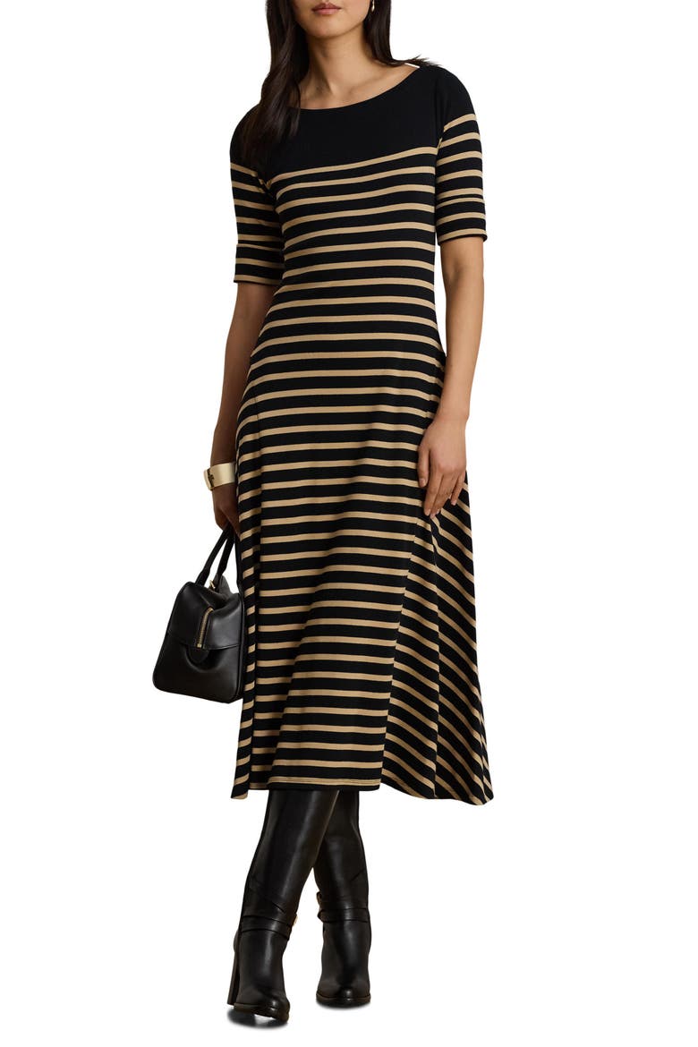 Striped Boat Neck Cotton Jersey Midi Dress, Main, color, BLACK/ BIRCH BEIGE