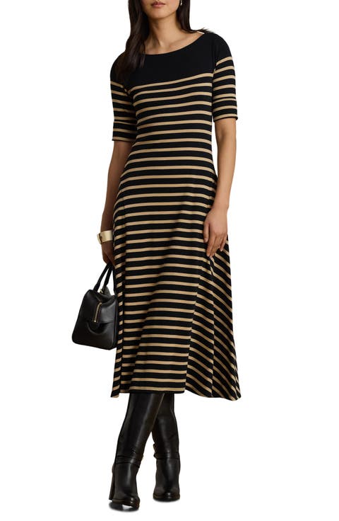 Striped Boat Neck Cotton Jersey Midi Dress