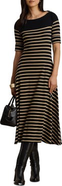 Lauren Ralph Lauren Striped Boat Neck Cotton Jersey Midi Dress