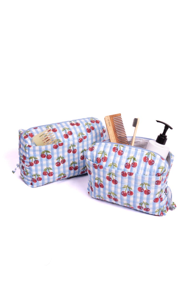 Cherry Makeup Bag in Blockprint, Main, color, Blue Gingham - Large