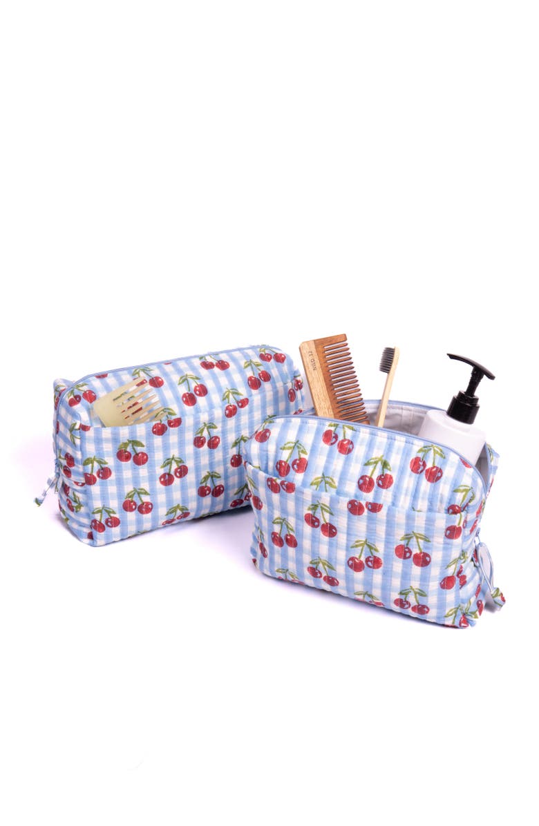 Inner Child Cherry Makeup Bag in Gingham Blockprint - Set of 2, Main, color, Blue