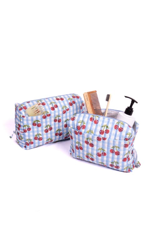 Cherry Makeup Bag in Gingham Blockprint - Set of 2