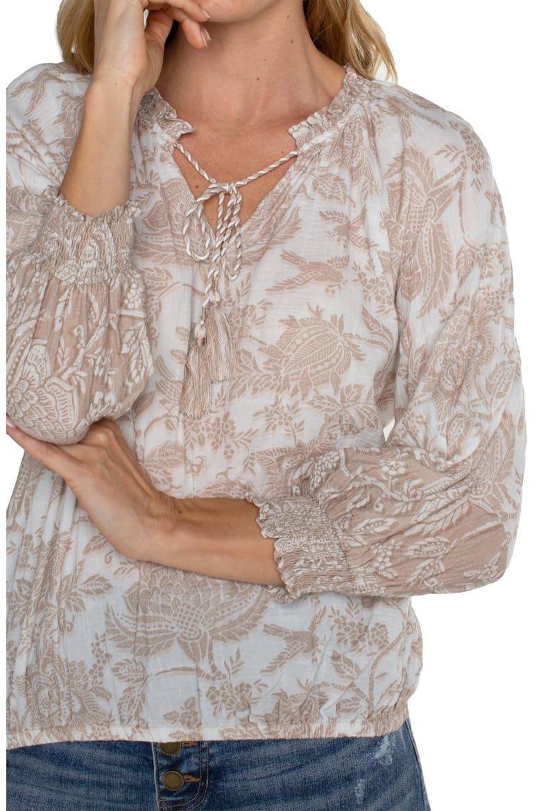 Tie Neck Balloon Sleeve Top, Alternate, color, TAN WHITE FLORAL