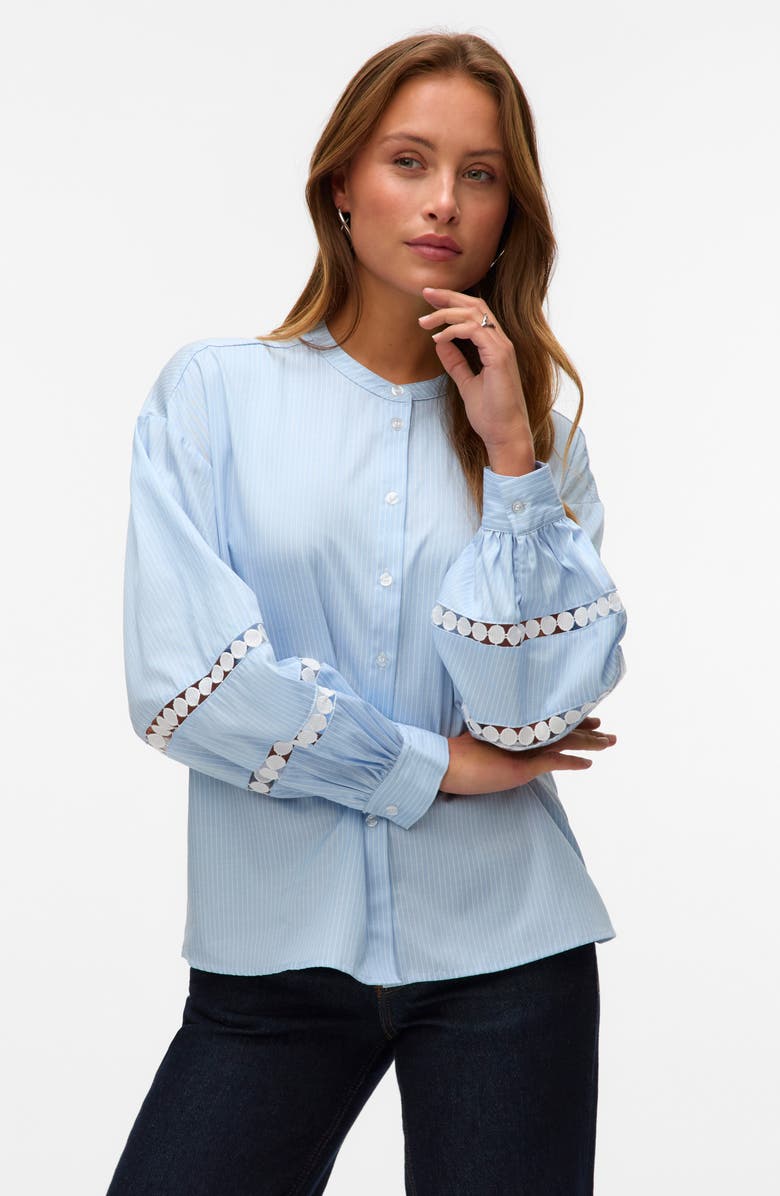 VERO MODA Janni Pinstripe Circle Lace Inset Button-Up Shirt, Alternate, color,