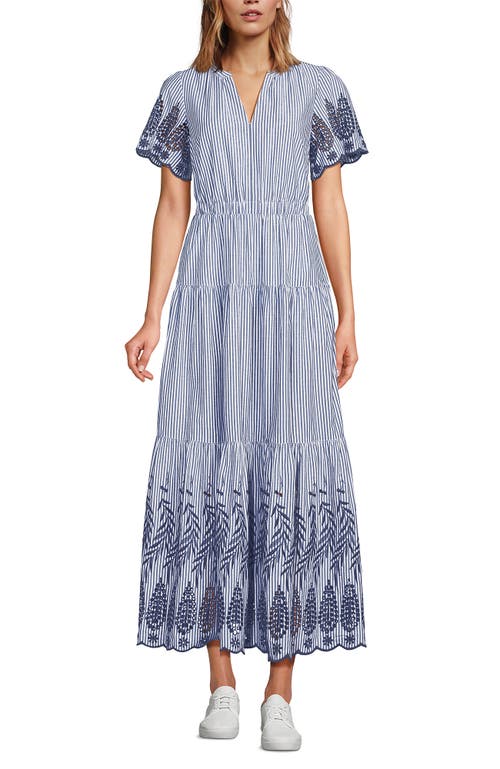 LANDS' END LANDS' END TIERED COTTON POPLIN EMBROIDERED MAXI DRESS