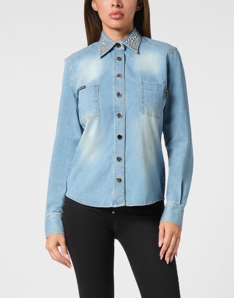 Denim Shirt Long-sleeve With Crystal Collar Women