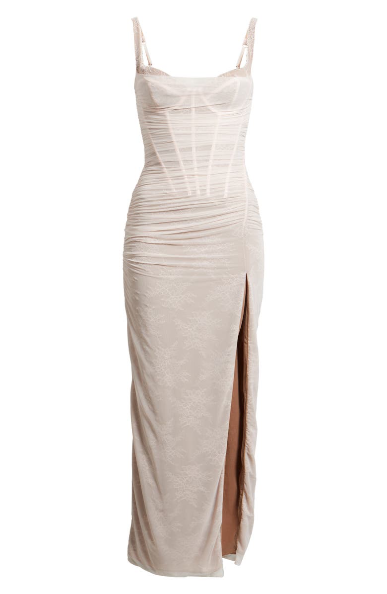 HOUSE OF CB Lini Ruched Lace Sleeveless Mesh Gown, Alternate, color, Baby Pink