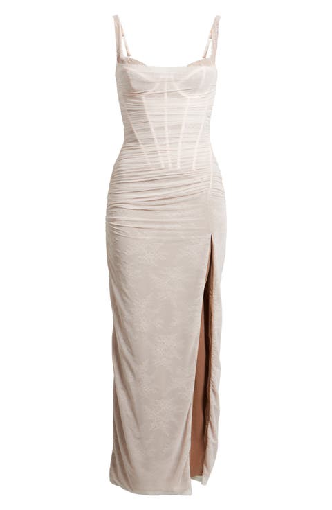 Lini Ruched Lace Sleeveless Mesh Gown