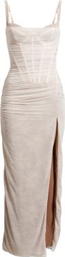 HOUSE OF CB Lini Ruched Lace Sleeveless Mesh Gown