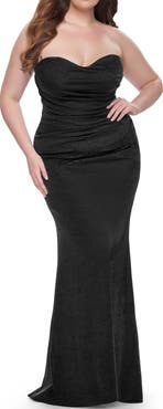 La Femme Strapless Ruched Stretch Satin Plus Size Dress