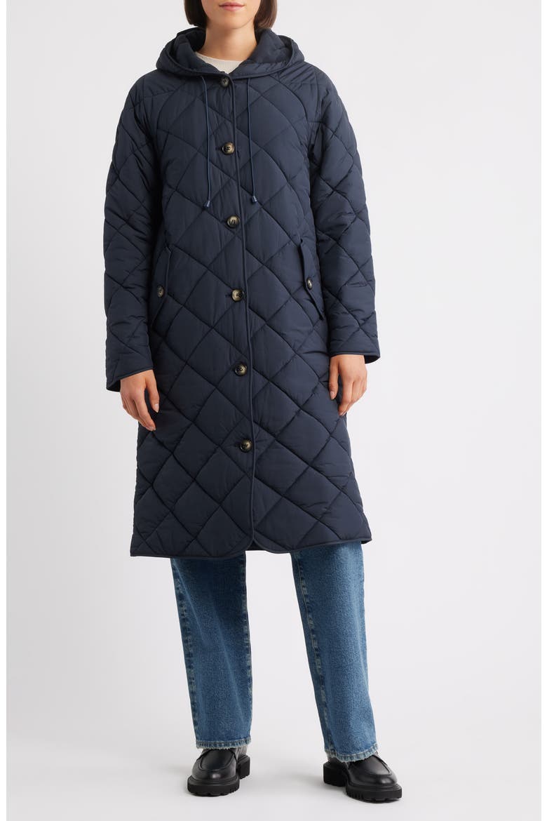 Hooded Quilted Longline Jacket, Main, color, NAVY