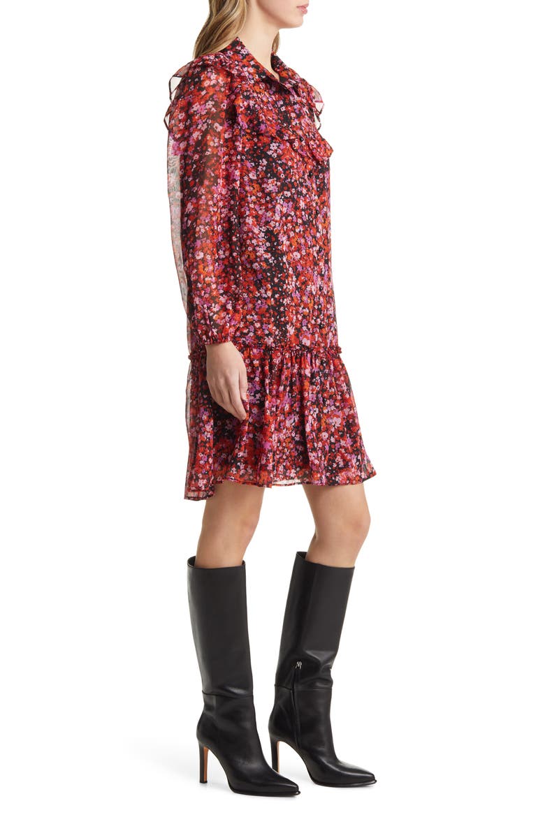 Floral Print Ruffle Long Sleeve Shirtdress, Alternate, color, BLACK MULTI