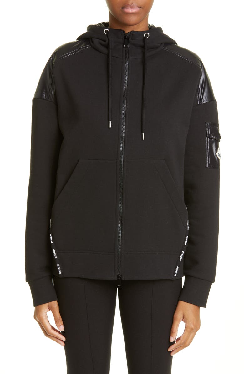Moncler Logo Tape Mixed Media Zip Hoodie, Main, color, 