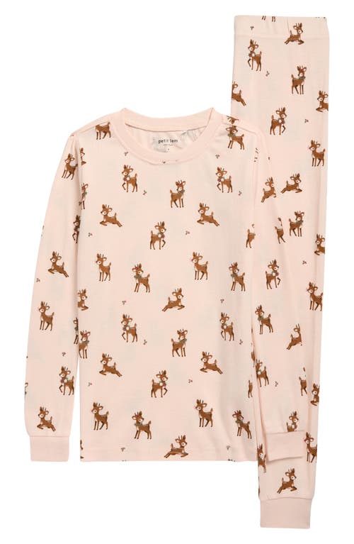 Petit Lem Kids' Reindeer Print Fitted Two-Piece Organic Cotton Pajamas in Light Pink 