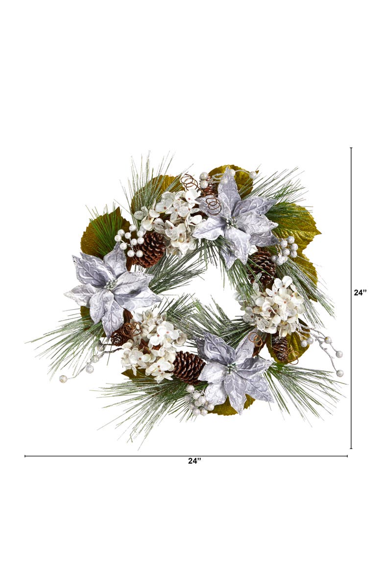 NEARLY NATURAL 24-in Silver Poinsettia, Hydrangea and Pinecones Artificial Christmas Wreath, Alternate, color, Silver