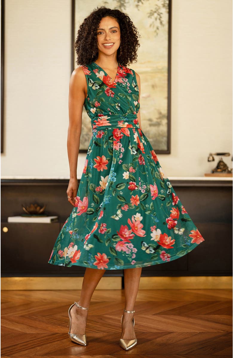 Yumi Floral Print Mesh Stretch Midi Dress, Alternate, color, Green