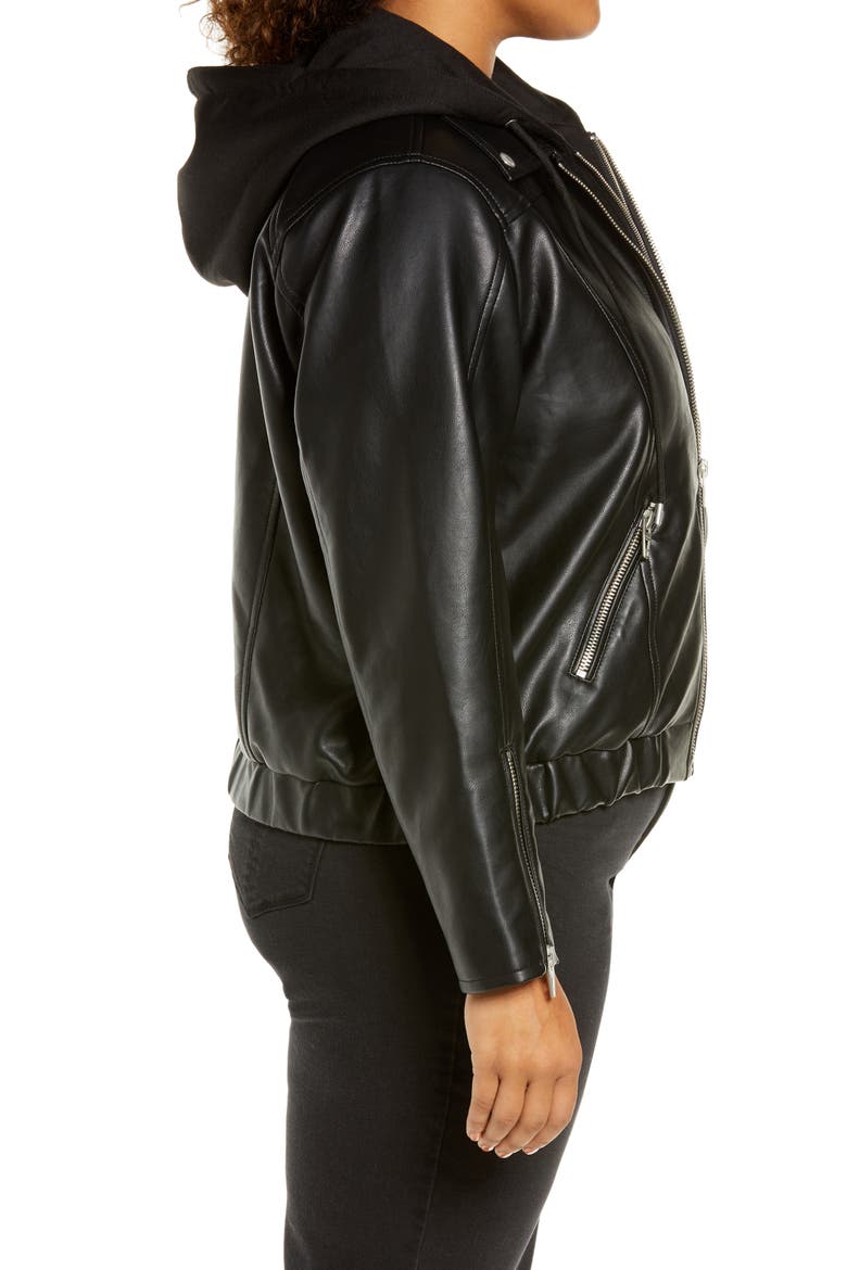 Faux Leather Jacket with Hooded Bib Insert, Alternate, color, BANKROLLER
