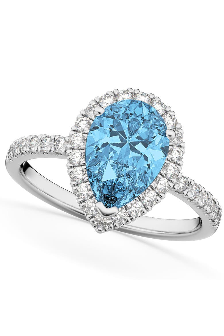 Pear Cut Halo Blue Topaz & Diamond Engagement Ring 14K, Main, color, 1.91ct/White Gold