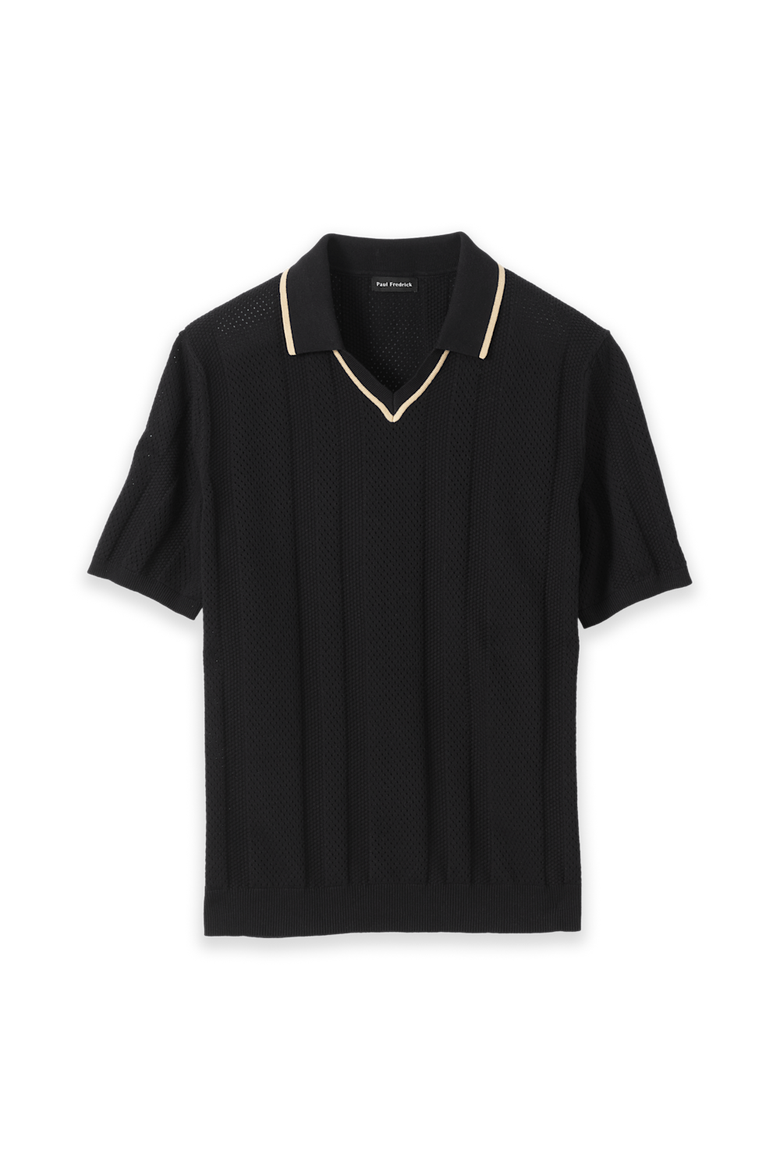 Cotton Crochet V-neck Polo, Main, color, Black