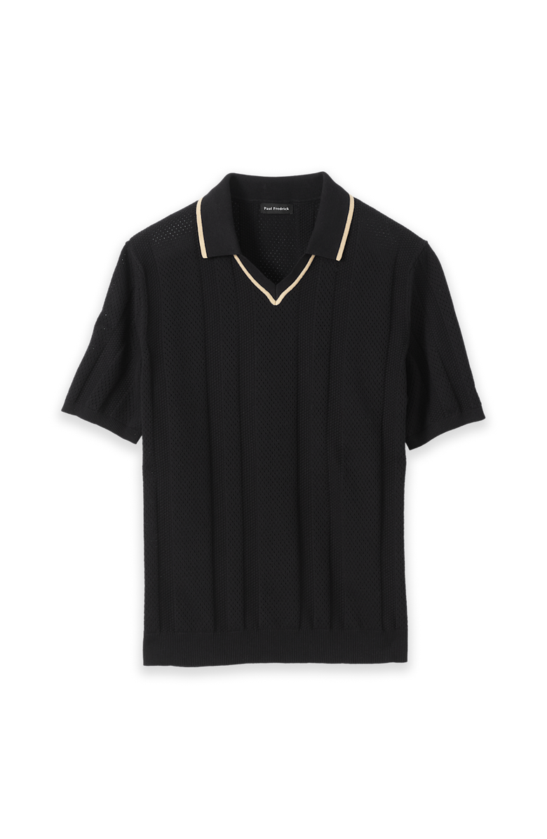 Paul Fredrick Cotton Crochet V-neck Polo, Main, color, Black