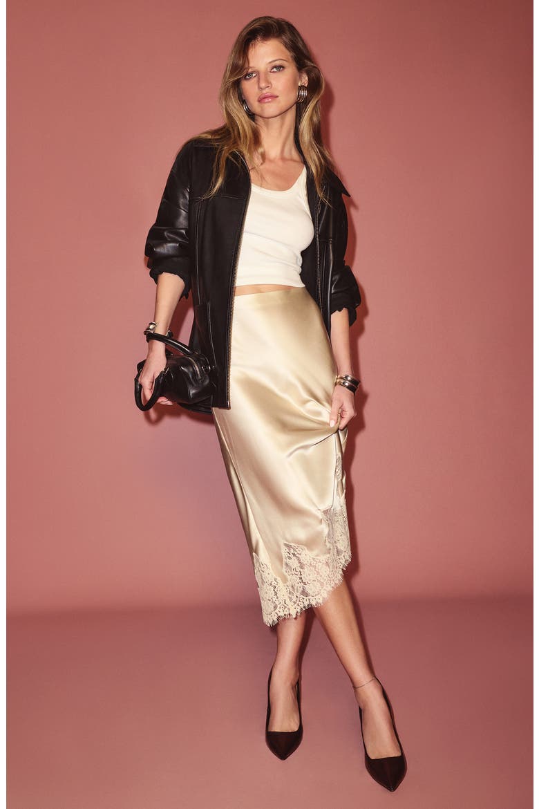 Carolina Lace Trim Silk Midi Skirt, Alternate, color, ALMOND