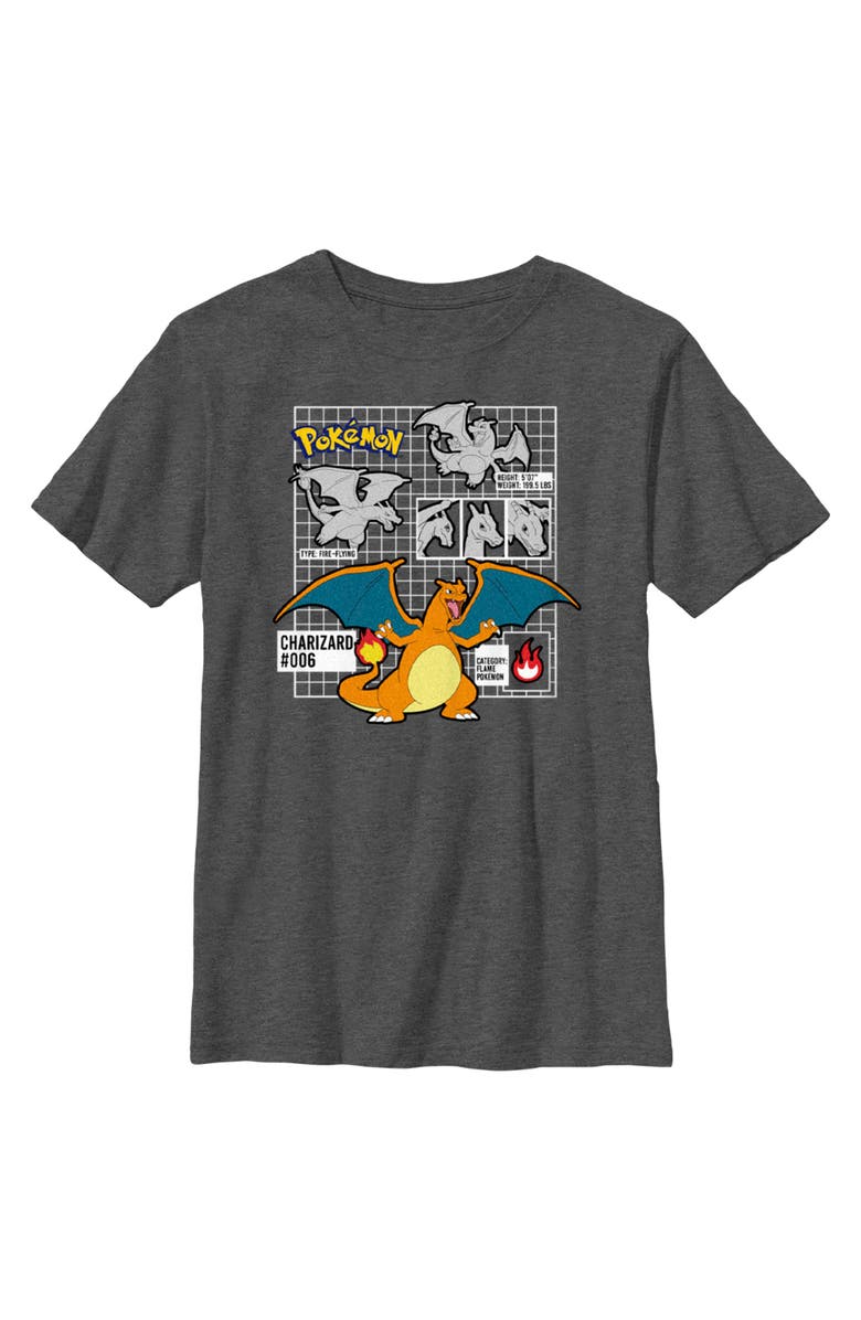 POKEMON Boy's Pokemon Charizard Info Grid  Graphic T-Shirt, Main, color, Charcoal Heather