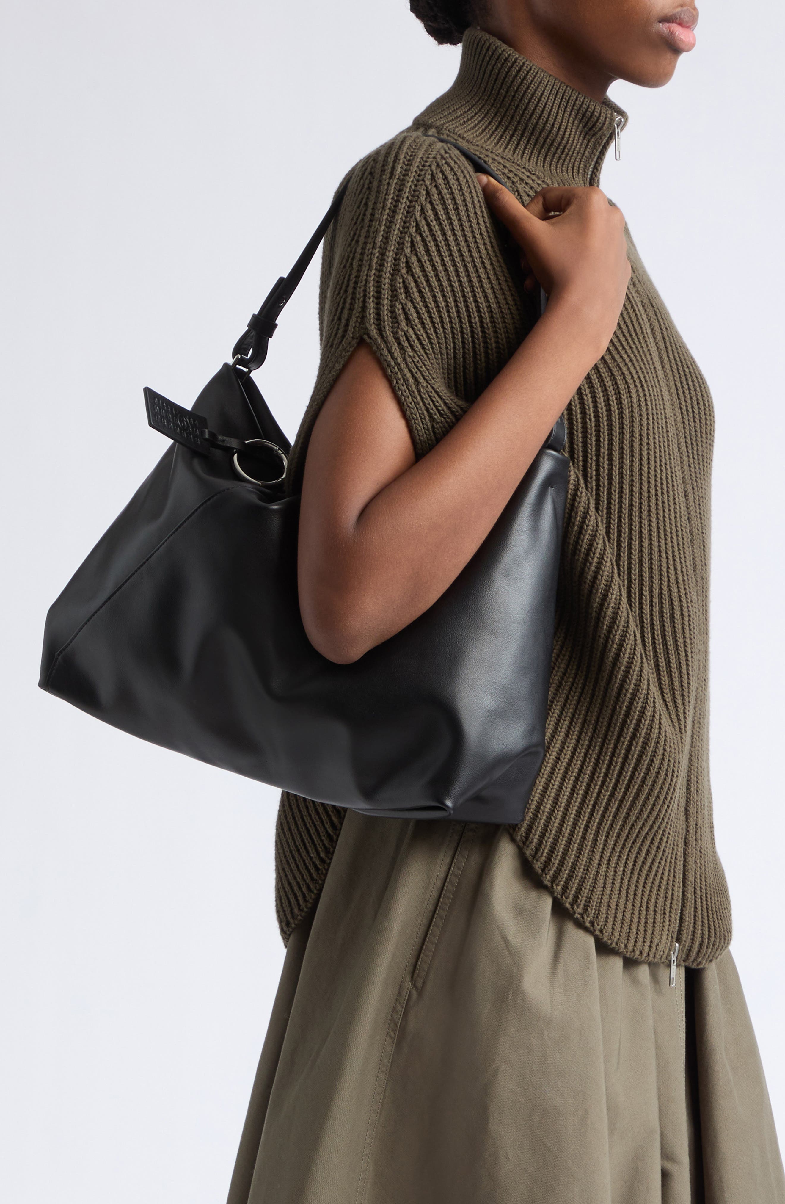 Folded Leather Shoulder Bag, Alternate, color, BLACK