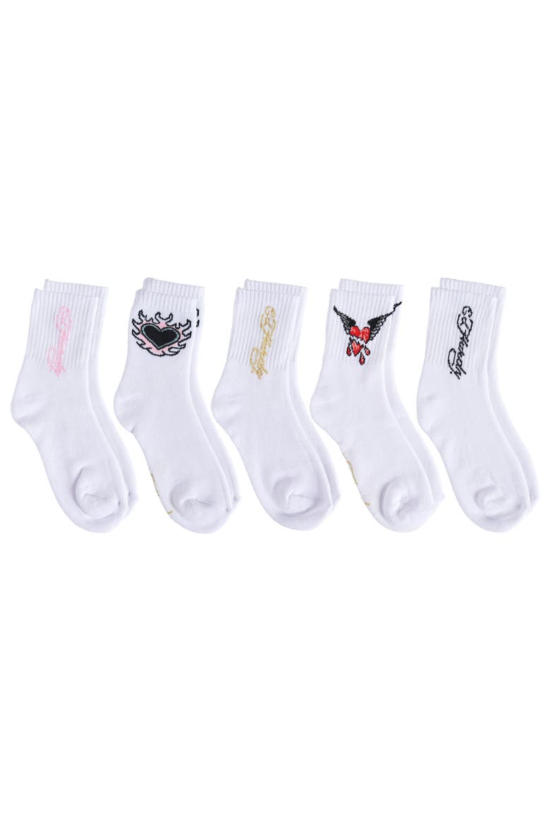Heart Flame Print Full Cushion Mid Crew Sock 5-Pack, Alternate, color, White Multi