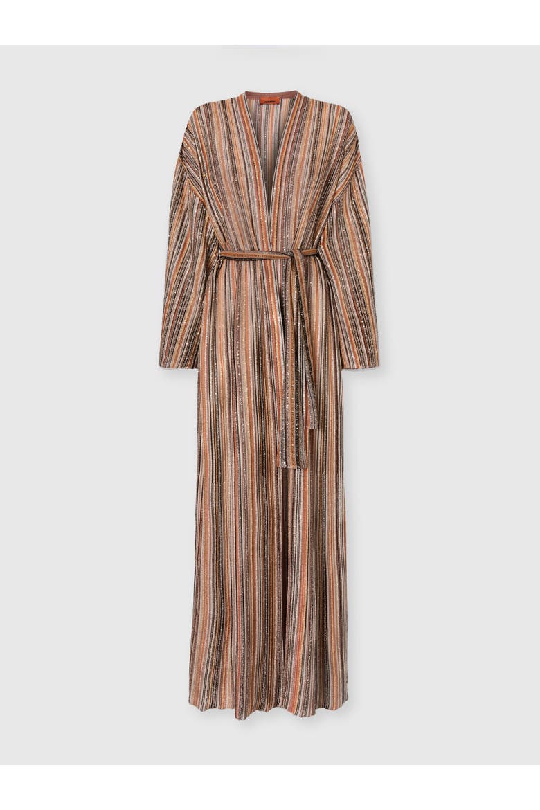 Long Cardigan In Ribbed Viscose Lamé With Belt, Alternate, color, Gold& Beige
