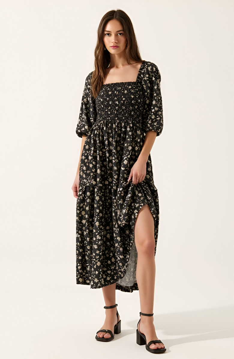 Modenaire Floral Print Woven Midi Dress with Smocked Bodice, Puff Sleeves and Tiered Ruffle Skirt, Main, color, 