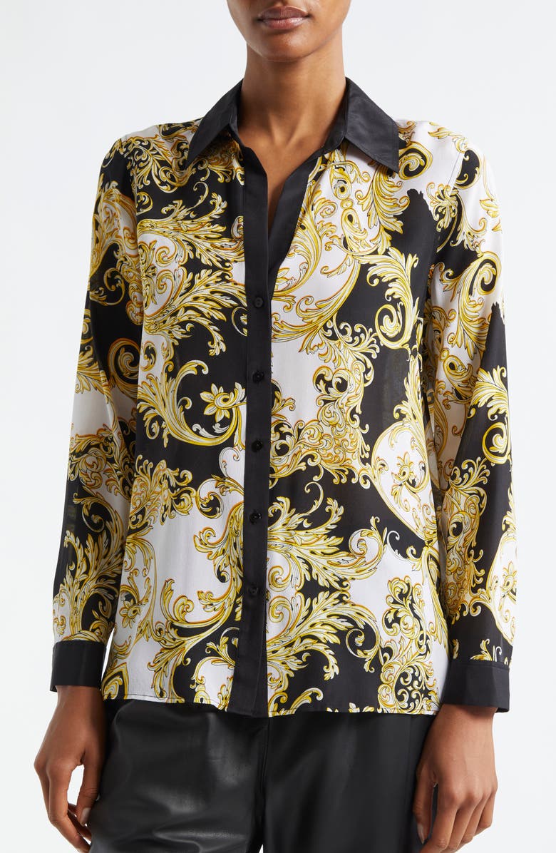 L'AGENCE Gio Scroll Print Silk Button-Up Shirt, Alternate, color, Black/ Gold Baroque