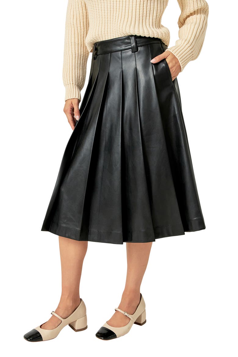 Pleated Faux Leather Skirt, Alternate, color, BLACK