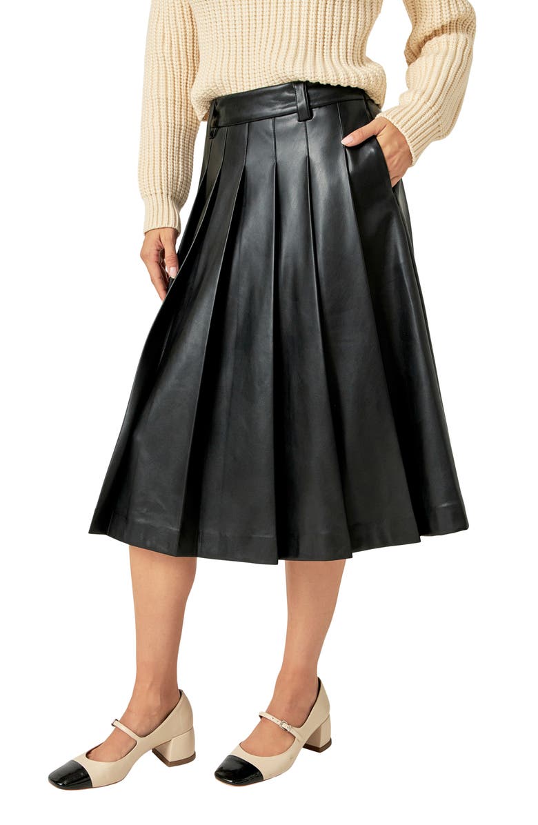 English Factory Pleated Faux Leather Skirt, Alternate, color, Black