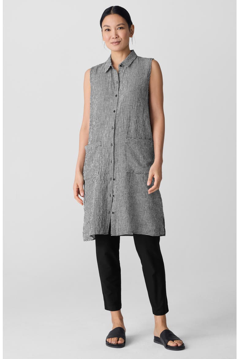 Gingham Sleeveless Organic Linen Shift Dress, Alternate, color, BLKWH